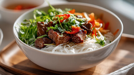Bun bo nam bo recipe: delicious vietnamese beef noodle salad with fresh herbs and vegetables bowl dish