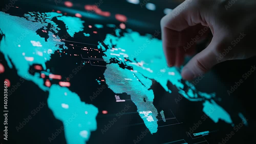 Poster a close-up of a hand navigating a high-resolution world map on a futuristic interface, pinpointing s