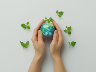 Hands protecting a small globe Earth, surrounded by greenery