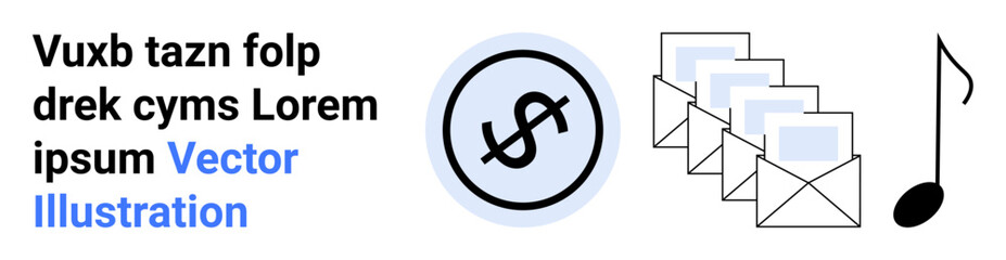 Dollar coin symbol next to three envelopes and a musical note, combining themes of finance, mail communication, and creative artwork. Ideal for finance, messaging, email campaigns, music, creativity