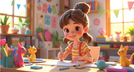 Creative little girl with ponytail drawing and writing in her cheerful art studio surrounded by cute animal toys