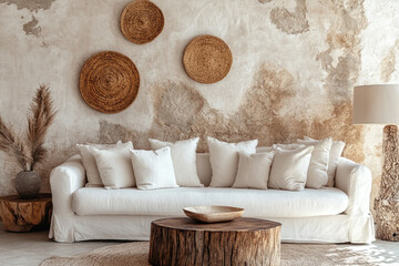 Serene living room cozy beige sofa natural decor