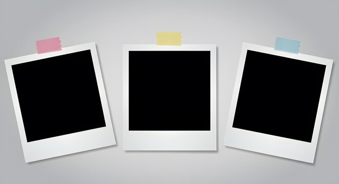 ai image displays three empty instant photo frames, secured with colorful tape pieces against a clean, plain grey background wall.