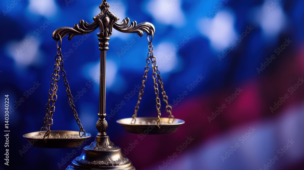 Poster symbolic scales of justice in front of waving national flag representing balance of power and law