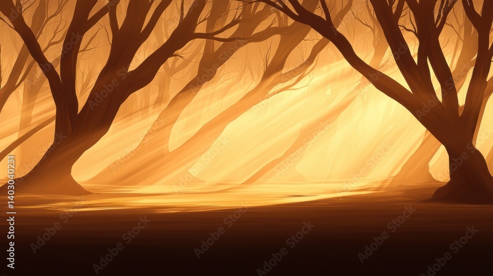 Poster a forest of trees with sunlight filtering through the canopy.