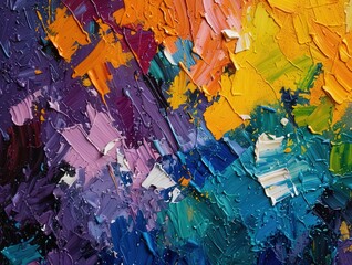 Vibrant abstract oil painting with thick brushstrokes and a mix of blue, purple, yellow, and orange colors. Perfect for modern home decor or art gallery display.
