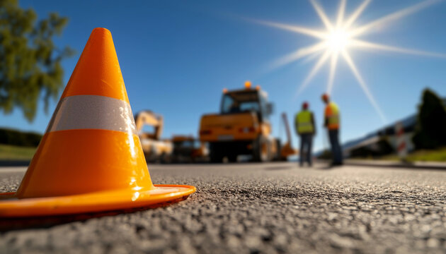Construction site with bright sun shining down road. An orange traffic cone is foreground, while construction workers are visible background, engaged their tasks. scene conveys sense of activity