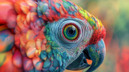 Close-up AI-generated image blending a parrotâ€™s eye with a chameleonâ€™s camouflage ability against a colorful backdrop