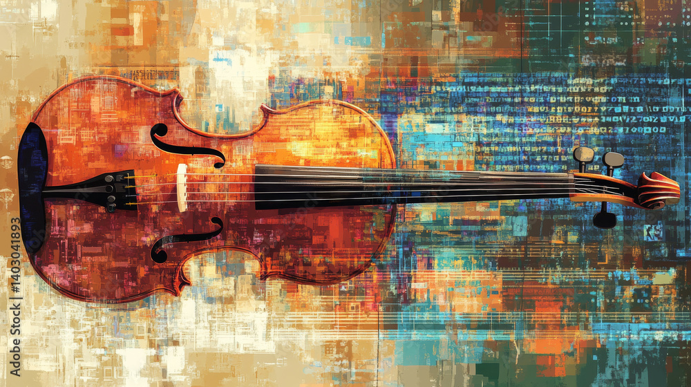 Poster conceptual artwork illustrating generative ai in music, set against a backdrop of digital code and o