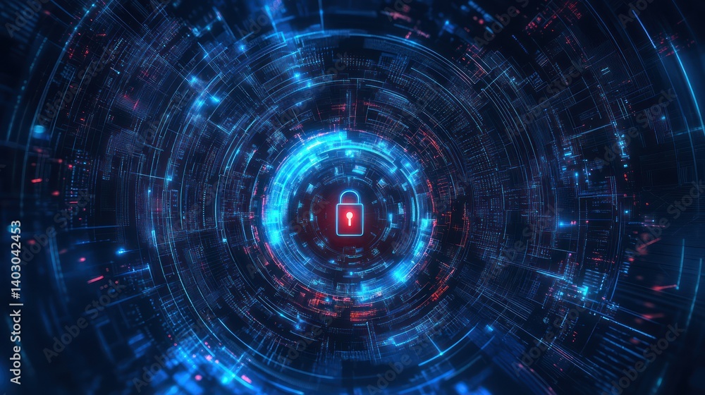 Poster cyber security system alert; digital lock glowing; data streams; network background; website banner