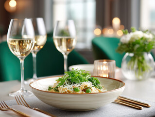 beautifully arranged plate of pasta garnished with fresh greens sits elegantly table, accompanied by glasses of white wine, creating perfect