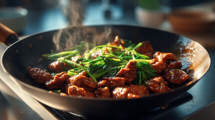 Delicious stir fried pork and green vegetables cooking in wok for asian food recipe concept