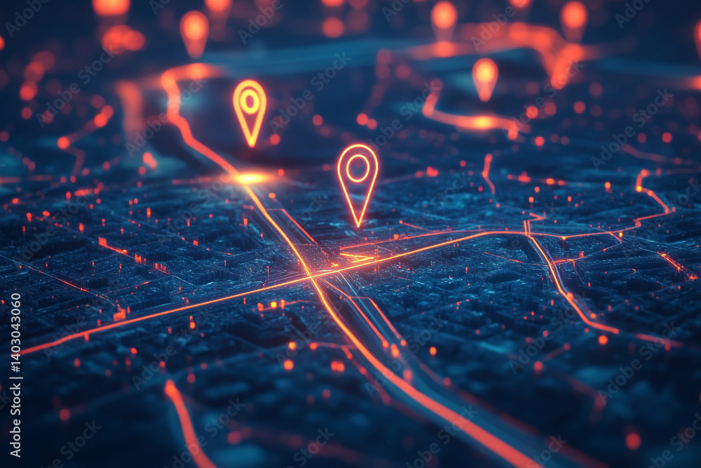 Poster neon city map glowing location pins showing routes and navigation