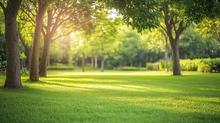 Serene summer sunlight filtering through lush green trees casting shadows on a vibrant, peaceful park lawn.