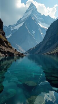 Majestic mountain peak reflected in crystal clear lake under blue sky. makara,vasuki,shesha,kala nag,samudra manthan,asura rahu India