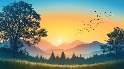 Obraz premium Serene mountain landscape at dawn with silhouetted trees and soaring birds