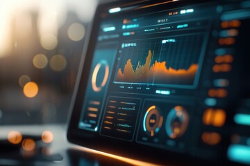 A sleek digital interface displaying colorful data visualizations and analytics trends on a laptop screen.