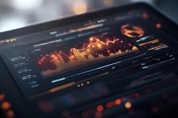 A high-tech display shows data visualization with dynamic graphs and vibrant colors, representing analytical insights on a digital tablet.