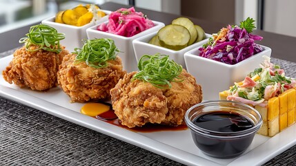 Southern Fried Chicken with Pickles and Colorful Sides on Elegant Serving Plate