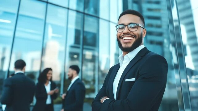 A well-dressed entrepreneur in his s stands in the foreground, confidently looking at the camera, while his younger team members relax and scroll through their devices in the bac