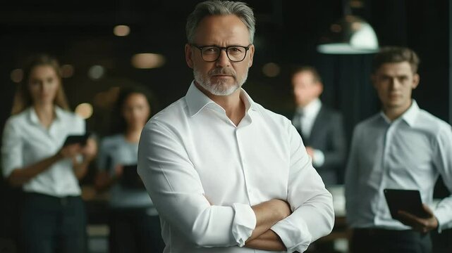 A well-dressed entrepreneur in his s stands in the foreground, confidently looking at the camera, while his younger team members relax and scroll through their devices in the bac