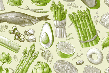 Engraving-style illustration of various healthy foods: asparagus, avocado, artichoke, fish, lemon, olives, and more, creating a vibrant and nutritious visual, showcasing a healthy eating concept