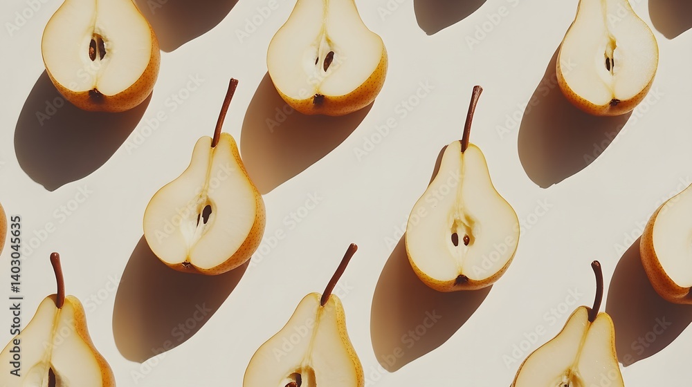 Aufkleber halved pears arranged in a repeating pattern on a white background, illuminated by sunlight casting 