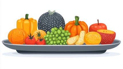 Plate filled with assorted fresh fruits and vegetables in a vibrant display for healthy eating