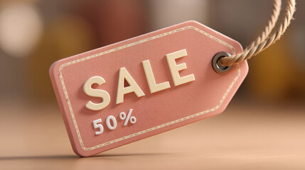 Pink retail tag displaying 'SALE 50%' on a wooden surface. Perfect for e-commerce sites, marketing blogs, promotional materials, or articles about shopping and discounts.