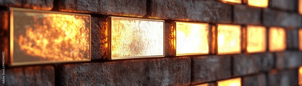 Poster a close-up view of a textured brick wall with illuminated glass panels, casting warm light and creat