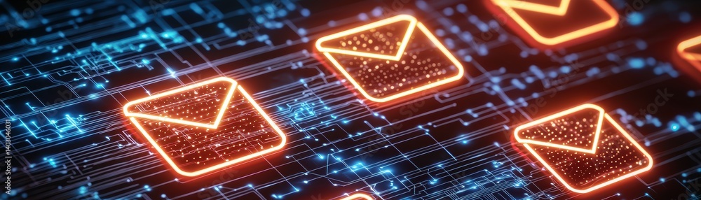 Poster a digital representation of email icons illuminated in neon, set against a backdrop of intricate cir