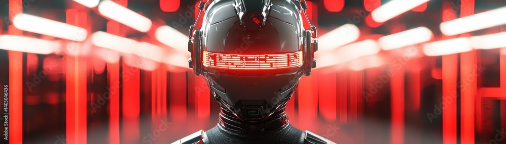 Poster a futuristic figure with a glowing helmet stands in a corridor illuminated by red lights, creating a