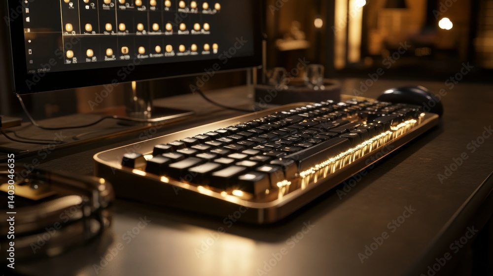 Poster illuminated computer keyboard sits on a desk in a dimly lit room