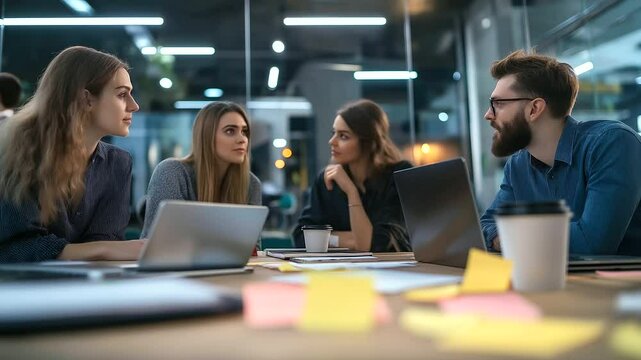 A multicultural team of professionals sits at a long communal desk, each focused on their respective laptops while occasionally exchanging ideas. The vibrant office design fosters