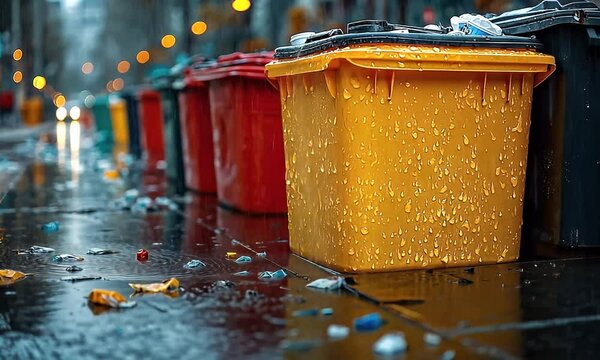 Row of colorful rain-soaked trash bins on a wet city street.