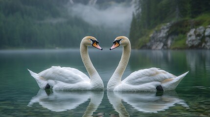 Obraz premium Two Swans' Serene Embrace on Misty Lake