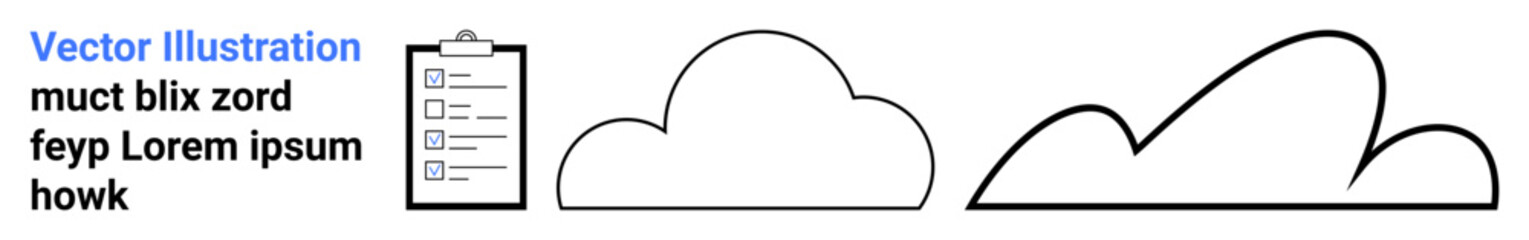 Clipboard with checklist next to three cloud shapes, combining task organization with cloud storage or computing themes. Ideal for productivity, cloud management, teamwork, and simple landing page