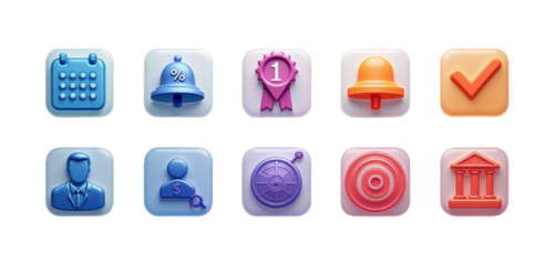 Glassy App Icons: Calendar, Bell, Target, Check, Bank, Transparent Background