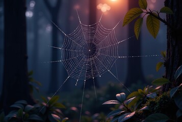 A spiderweb with dew drops in a dark forest at dawn.  Perfect for fantasy or nature themes.