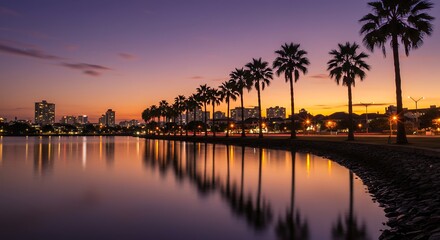 Cityscape Sunset Palm Trees Reflection Urban Lake Waterfront