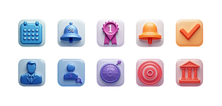 Glassy App Icons: Calendar, Bell, Target, Check, Bank, Transparent Background