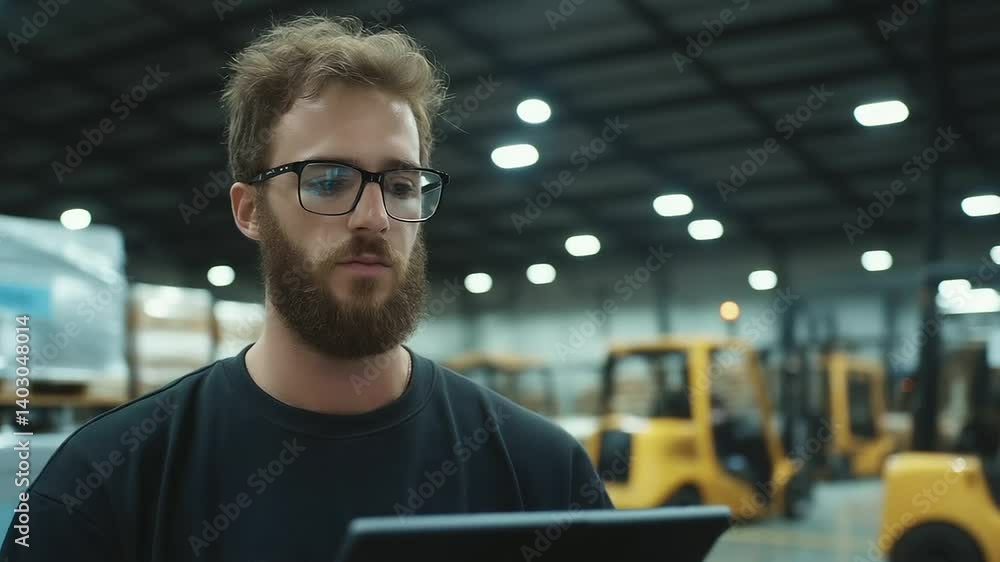 Aufkleber a distribution center supervisor stands near a loading dock, holding a tablet and verifying a shipme