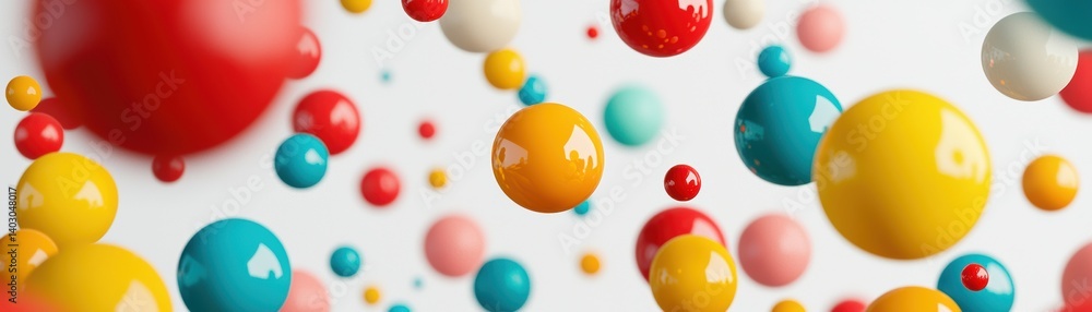 Poster a vibrant display of colorful spheres floating against a white background, creating a playful and dy