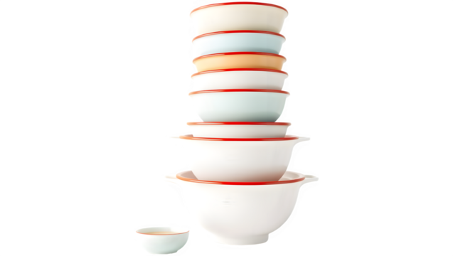Stack of pastel-colored mixing bowls with red rims. Perfect for baking!