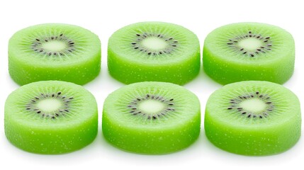 Fototapeta premium Six perfectly sliced kiwi fruit arranged in a grid pattern on a white background. The vibrant green color and juicy texture are clearly visible.