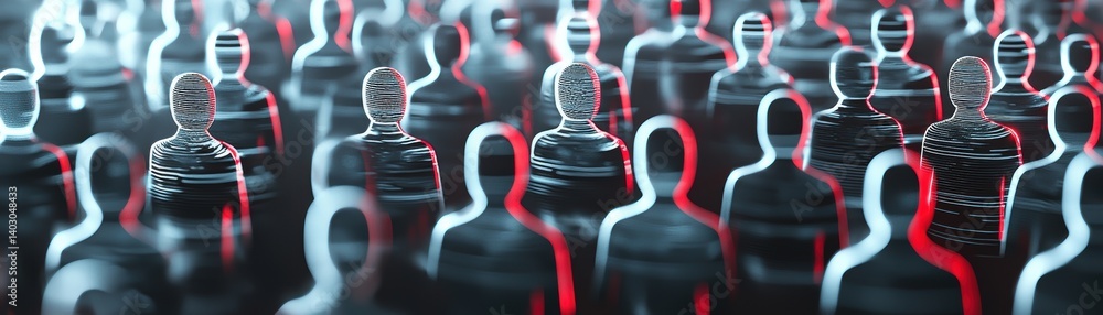 Poster a digital representation of abstract figures in a crowd, showcasing a blend of colors and patterns t