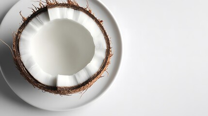 Top view of a halved coconut on a white plate. The coconut's white flesh is visible, creating a clean and refreshing image.