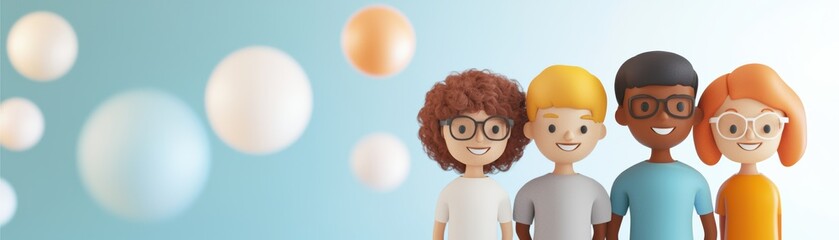 Fototapeta premium A colorful illustration featuring four diverse cartoon characters with different hairstyles and glasses, set against a light blue background with floating spheres.