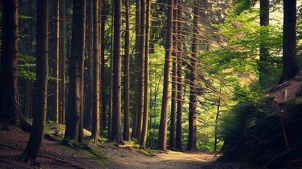 Obraz premium A sun-dappled forest path winds through tall trees.