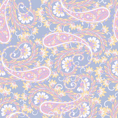 Paisley vector seamless design featuring stunning flowers and leaves in a batik-inspired style. Vintage backdrop